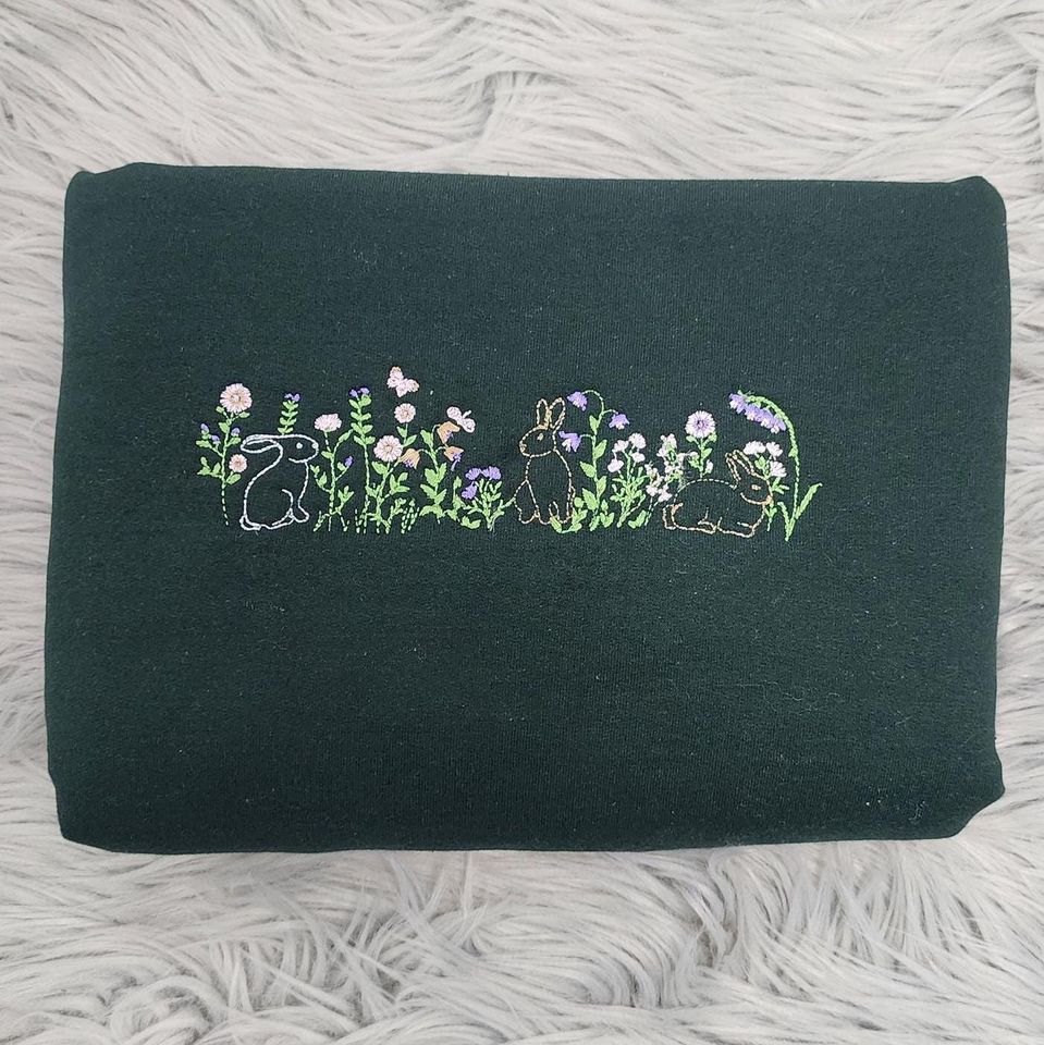Easter Bunnies Embroidered Sweatshirt, Floral Bunny Meadow Crewneck, Spring Wildflower Easter Pullover