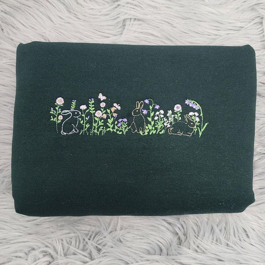 Easter Bunnies Embroidered Sweatshirt, Floral Bunny Meadow Crewneck, Spring Wildflower Easter Pullover