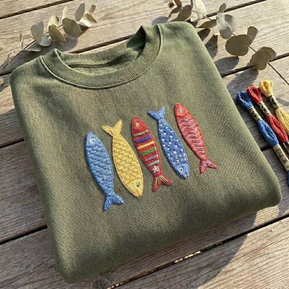 Embroidered Sardine Sweatshirt, Military Green Crewneck, Coastal Grandma