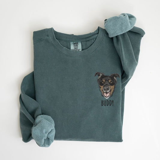Custom EMBROIDERED Pet Portrait Comfort Colors Sweatshirt,Custom Pet Gift, Dog Mom Gift, Cat Mom,Pet Memorial,Personalized Dog Embroidery