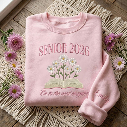 Custom Senior 2026 Embroidered Sweatshirt with Personalized Sleeve Name, Graduation Bookish Gift