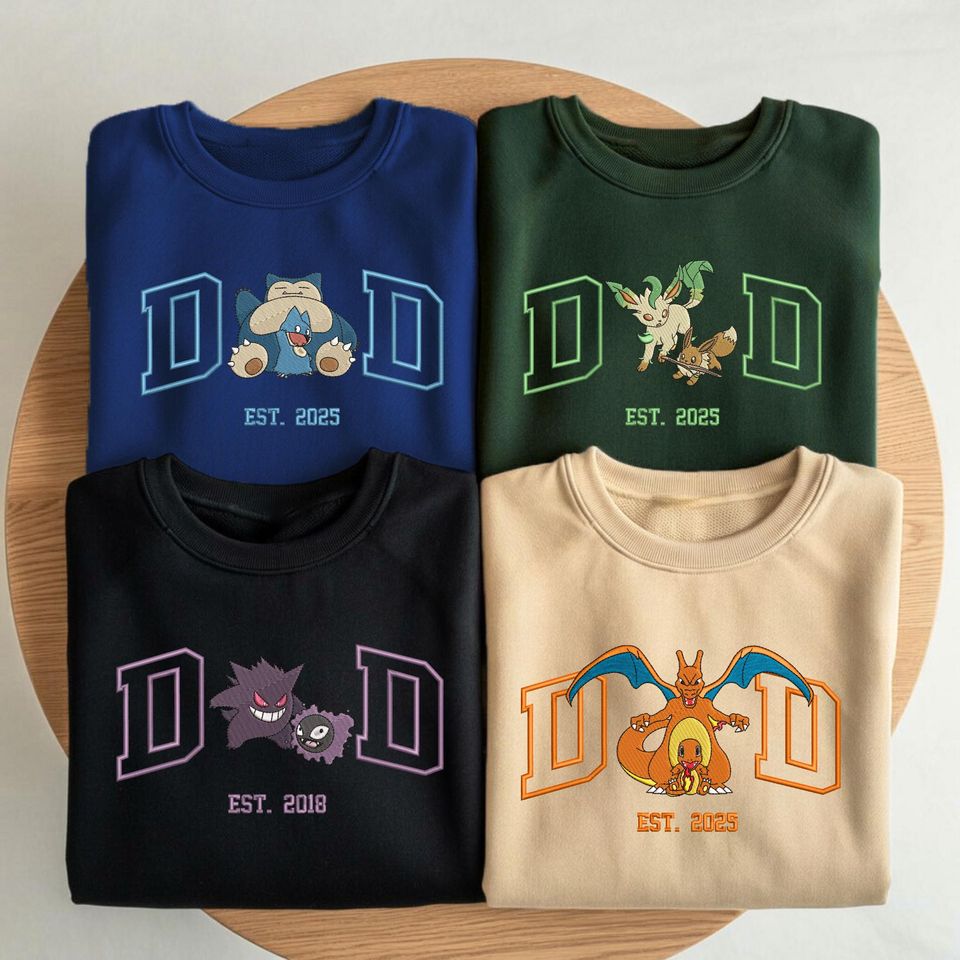 Custom PokaDad Embroidered Sweatshirt with Anime Characters, Father's Day Gift, Birthday Gift for Dad, Pocket Beast