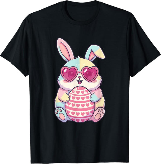 Cute Easter Bunny Heart Sunglasses Pastel Bunny Holding Egg T-Shirt