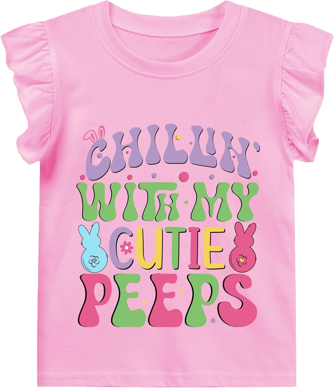 Kids Easter Shirt Girls Hip Hop Bunny Tees Toddler Ruffle Sleeve Cute Rabbit Pink Easter T-Shirt Clothes 2-7 Years