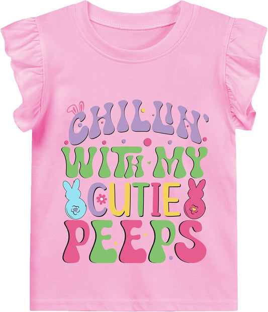 Kids Easter Shirt Girls Hip Hop Bunny Tees Toddler Ruffle Sleeve Cute Rabbit Pink Easter T-Shirt Clothes 2-7 Years