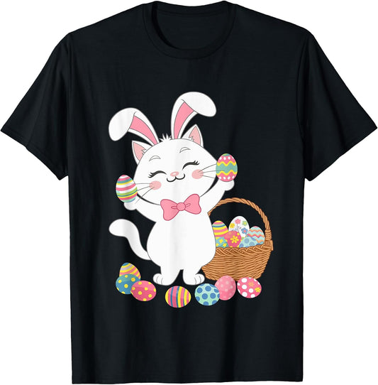 Cute Cat Bunny Ears Eggs Easter Day Cat Lover T-Shirt for Men Women Kids