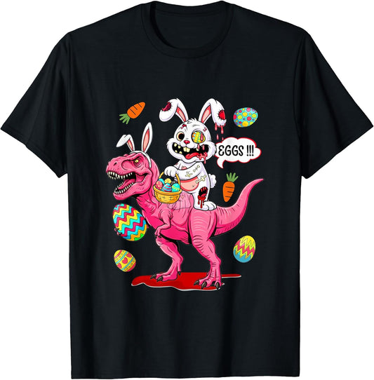 Easter Horror Bunny As Zombie On T-rex Hunting Colorful Eggs T-Shirt