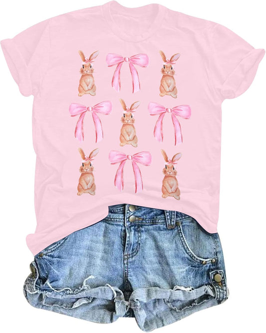 Easter Shirt for Women Bow Bunny Shirts Religious Rabbit Tshirt Coquette Bunny Tee Tops