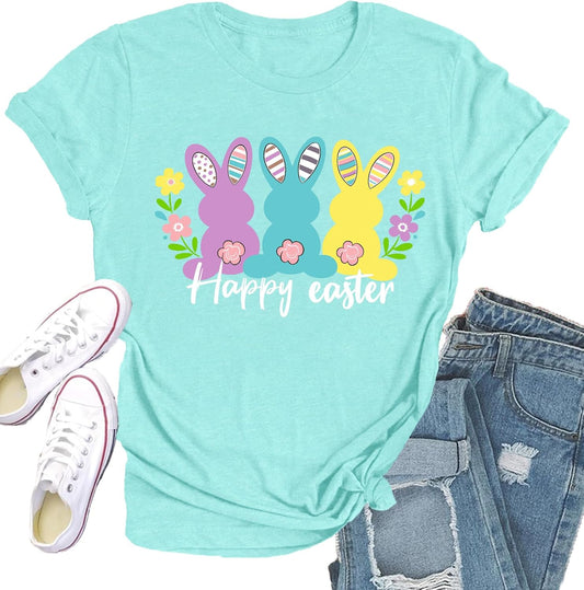 Easter Shirts for Women Happy Easter T-Shirt Cute Bunny Tee Tops