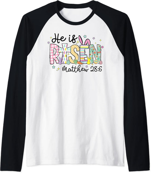 He is Risen Jesus Christian Happy Easter Women Kids Girls Raglan Baseball Tee