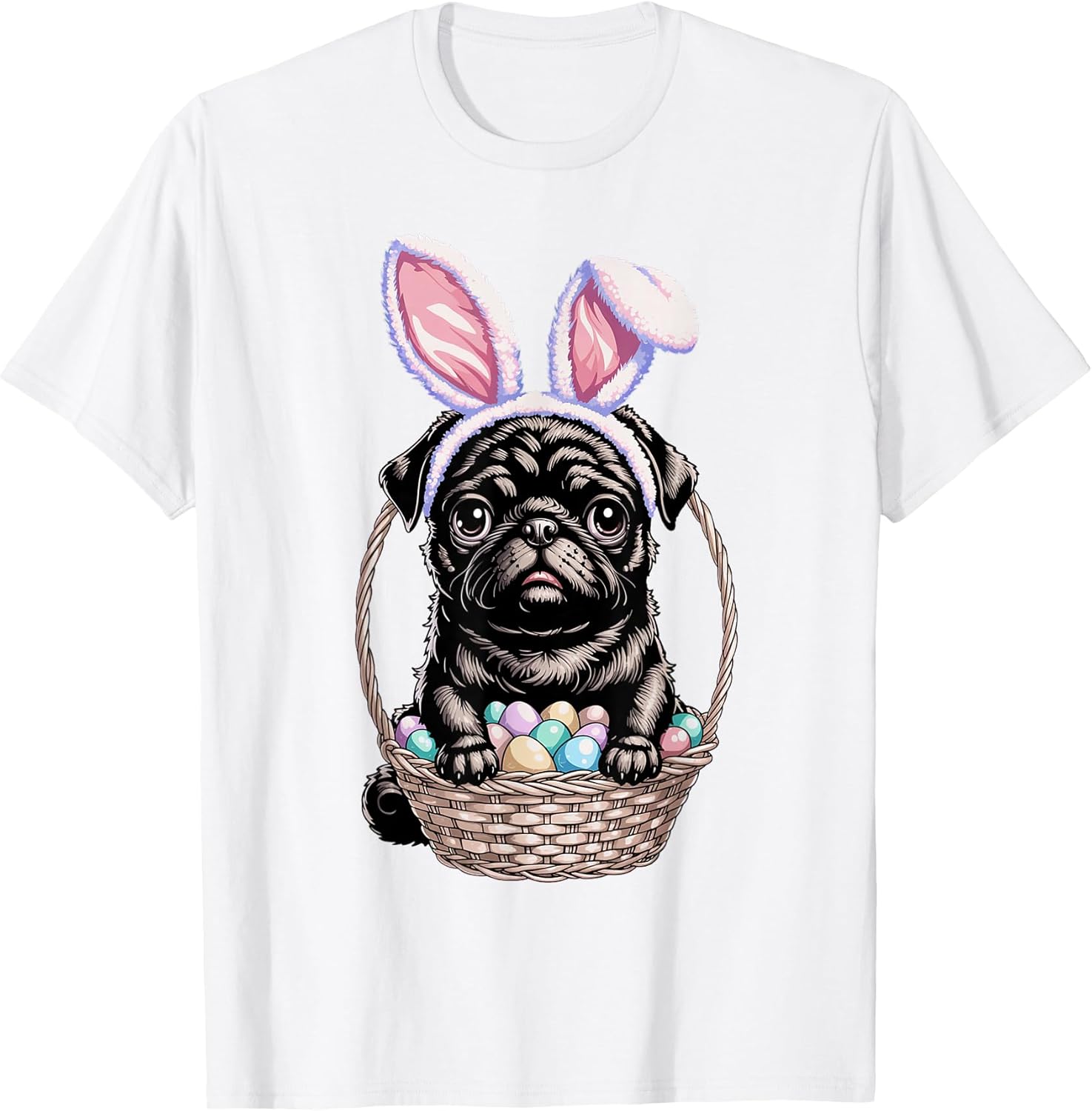 Black Pug with Bunny Ears Cute Colorful Easter Egg Basket T-Shirt