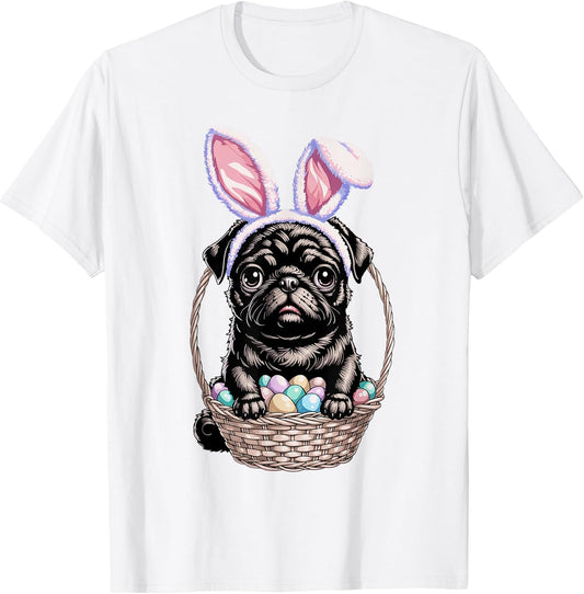 Black Pug with Bunny Ears Cute Colorful Easter Egg Basket T-Shirt