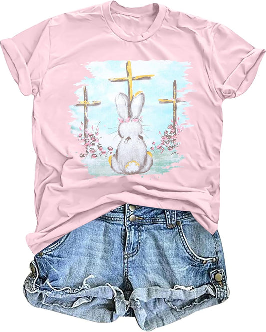 Easter Shirts for Women Rabbit Bunny Eggs T Shirt Happy Easter Day Graphic Short Sleeve Tee Tops