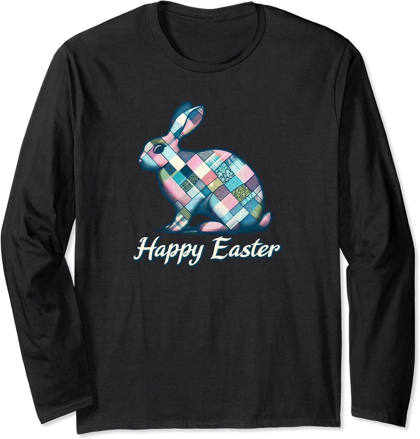 Rabbit Silhouette Pastel Quilt Squares Happy Easter Long Sleeve T-Shirt