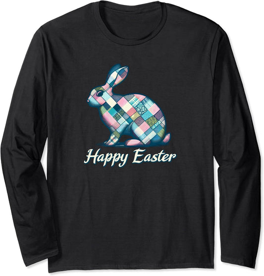 Rabbit Silhouette Pastel Quilt Squares Happy Easter Long Sleeve T-Shirt