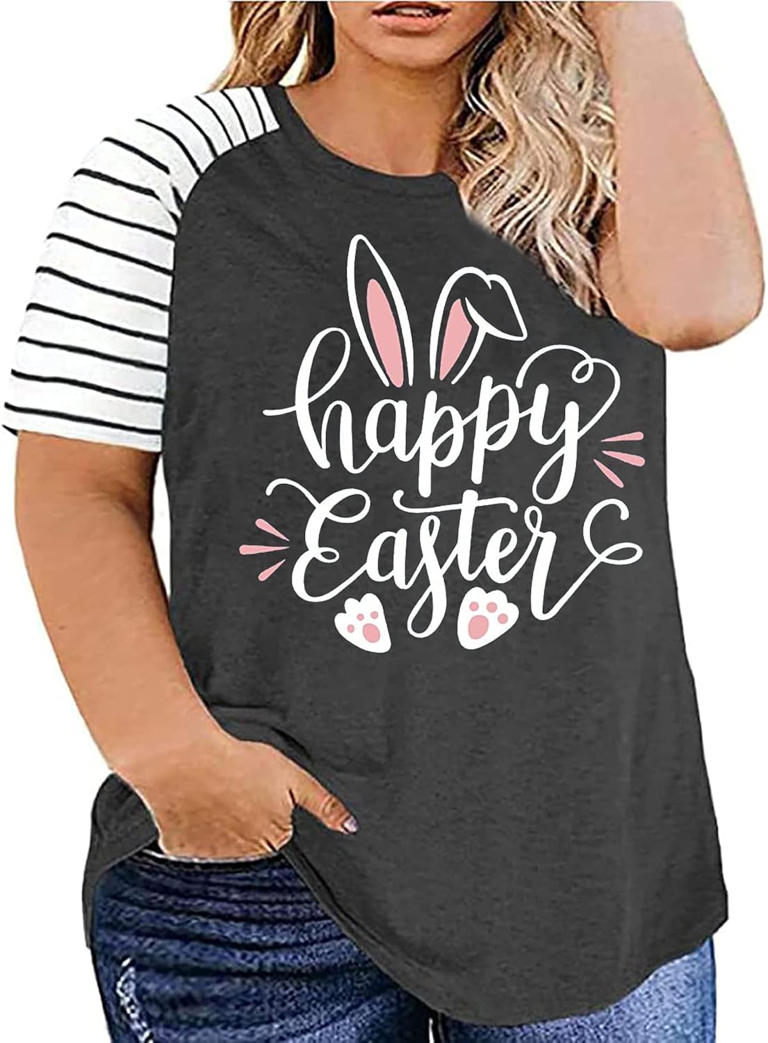 Plus Size Happy Easter T-Shirt for Women Bunny Rabbit Graphic Tees Funny Letter Print Short Sleeve Shirts Tops