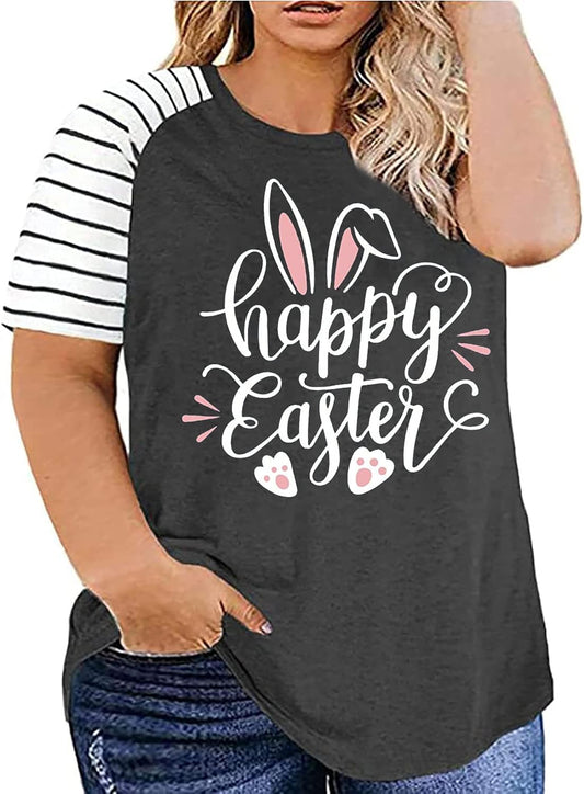 Plus Size Happy Easter T-Shirt for Women Bunny Rabbit Graphic Tees Funny Letter Print Short Sleeve Shirts Tops