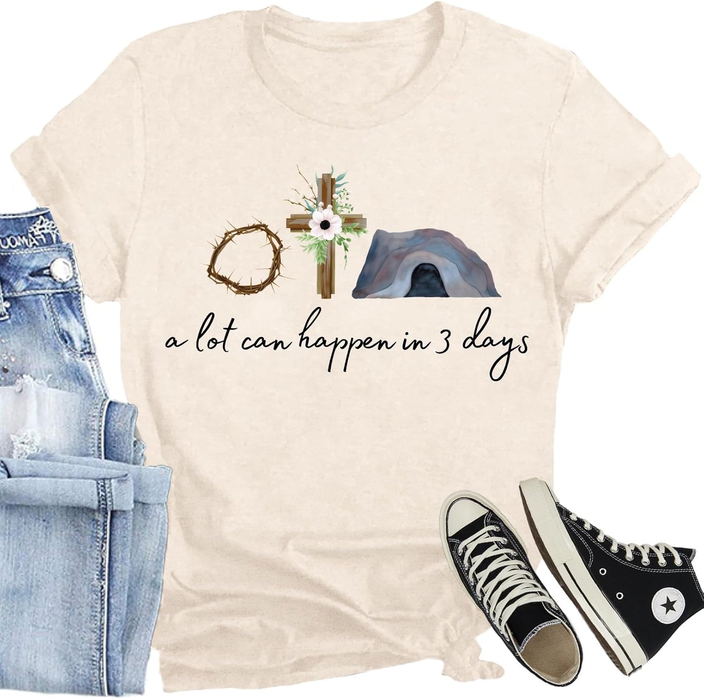 Christian Easter Shirts for Women A Lot Can Happen in 3 Days T-Shirt He is Risen Jesus Tee Tops