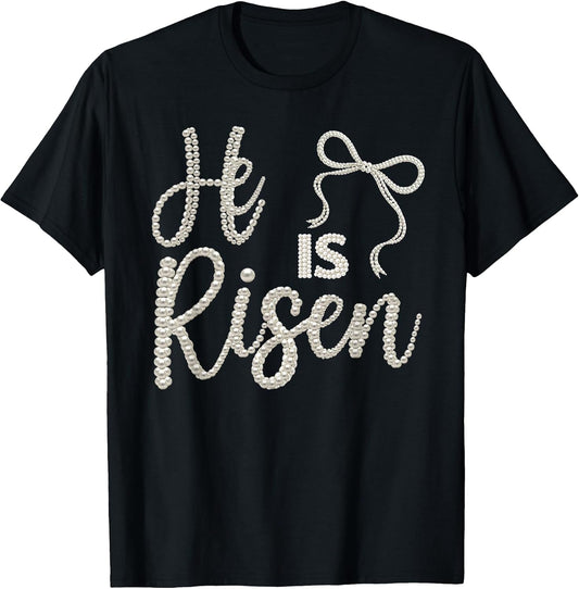 He is Risen Coquette Bow Happy Easter Jesus Christian Beads T-Shirt