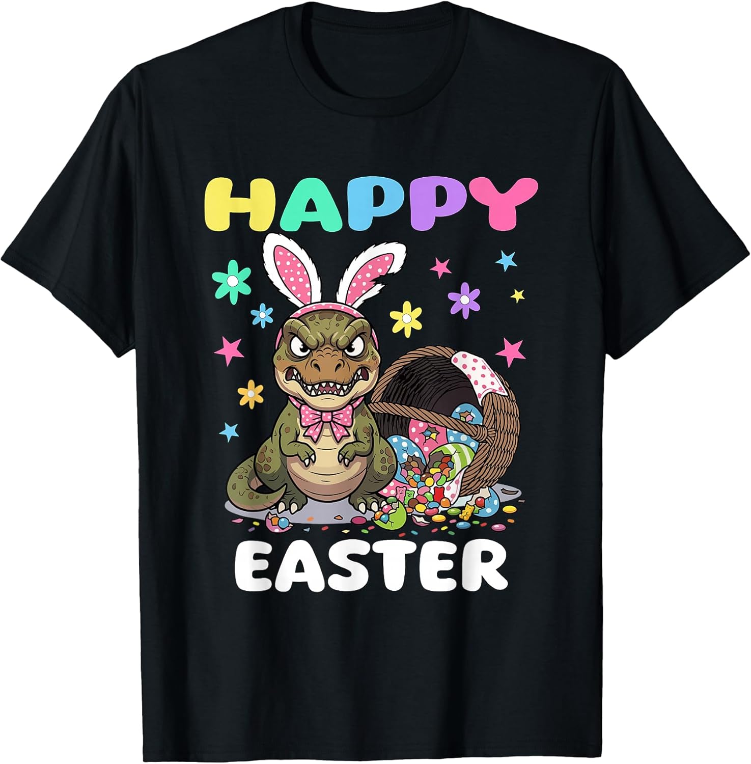 Happy Easter T Rex Dinosaur Candy Bow Easter Bunny Egg Kids T-Shirt