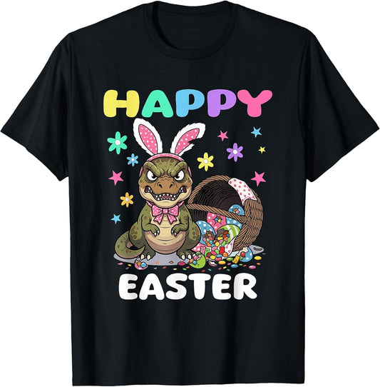 Happy Easter T Rex Dinosaur Candy Bow Easter Bunny Egg Kids T-Shirt