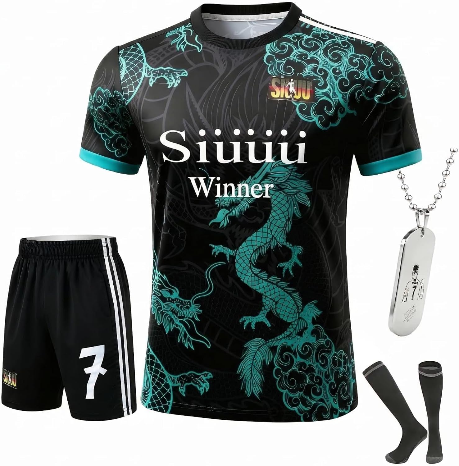 Kids Soccer Jersey Uniform Set #7 | Complete 4-Piece Kit with Shirt, Shorts, Socks & Player Necklace for Boys & Girls