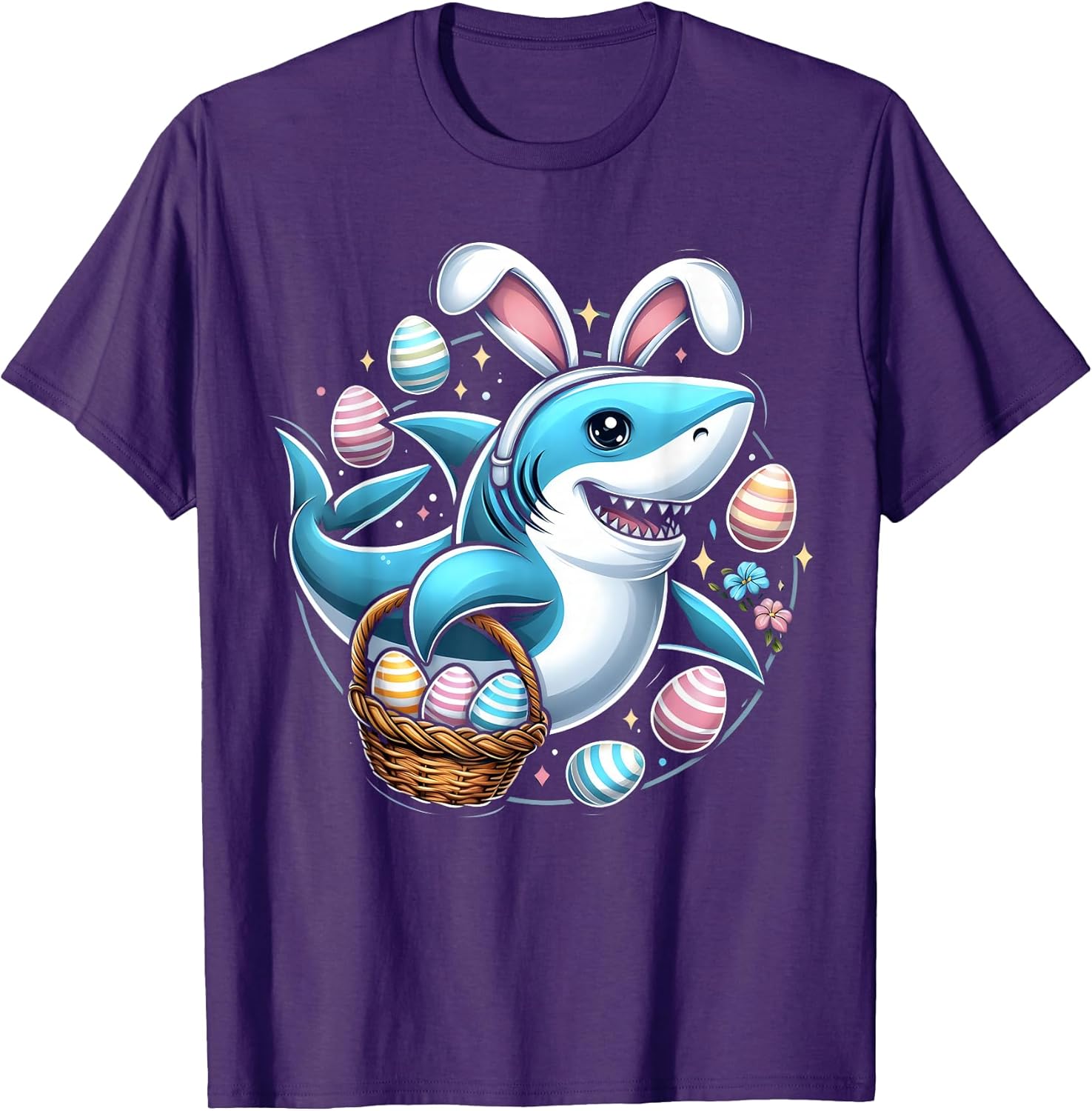 Cute Shark with Easter Basket and Bunny Ears Happy Easter T-Shirt