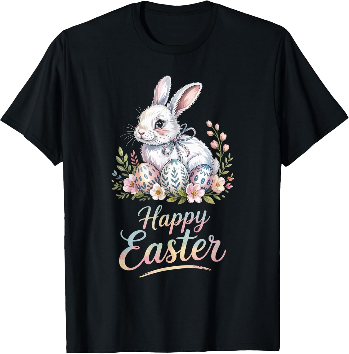 Happy Easter Bunny with Floral Eggs Holiday Men Women T-Shirt