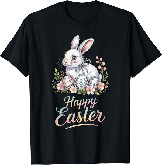 Happy Easter Bunny with Floral Eggs Holiday Men Women T-Shirt