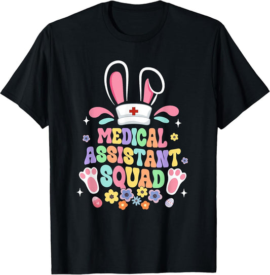 Retro Groovy Medical Assistant Squad Bunny Ear Flower Easter T-Shirt