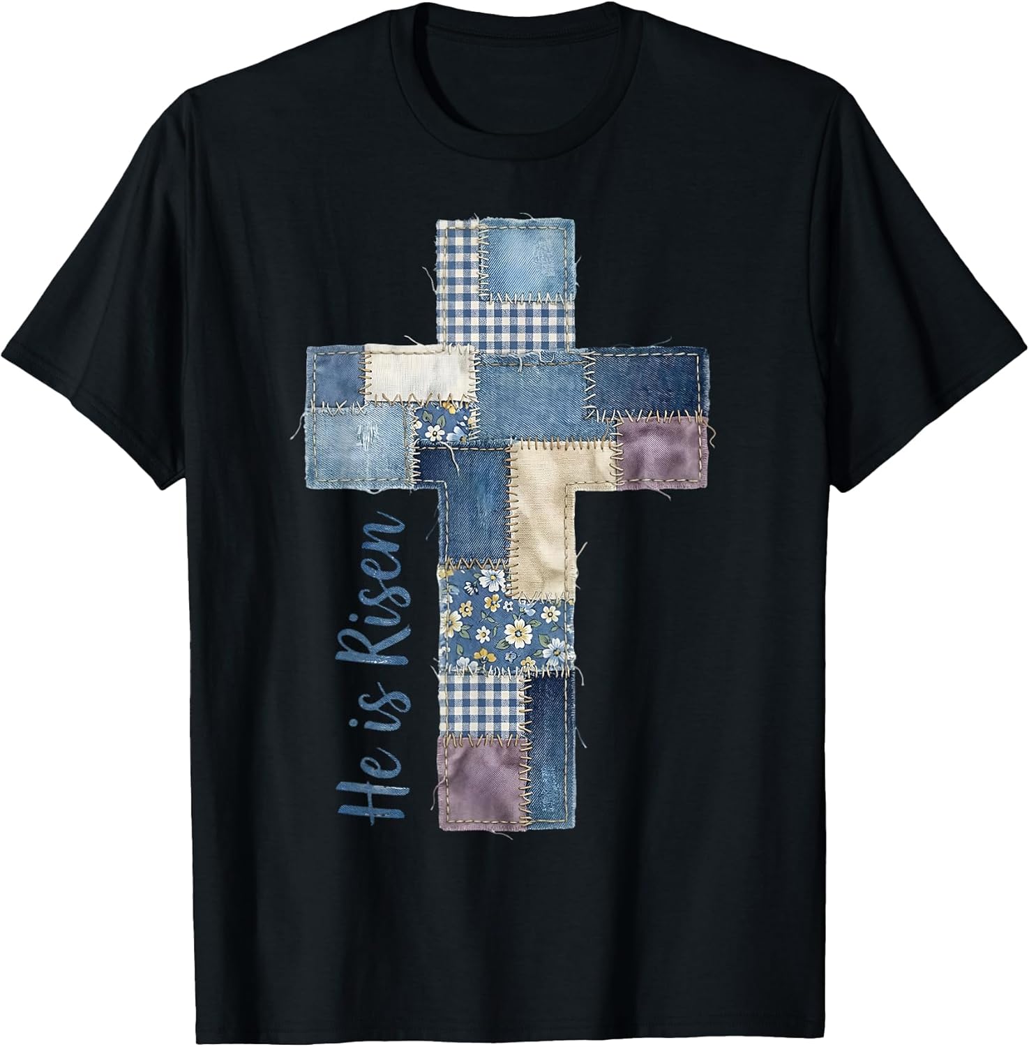 Happy Easter Day He is Risen Jesus Christian Cross Patchwork T-Shirt