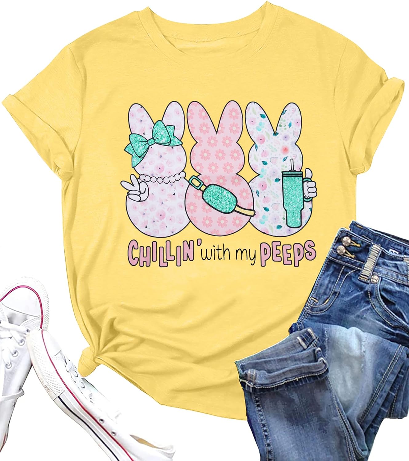 Women Chillin'with My Peeps Shirt Easter Shirt Funny Bunny T-Shirt Cute Rabbit Tee Tops Easter Day Gift