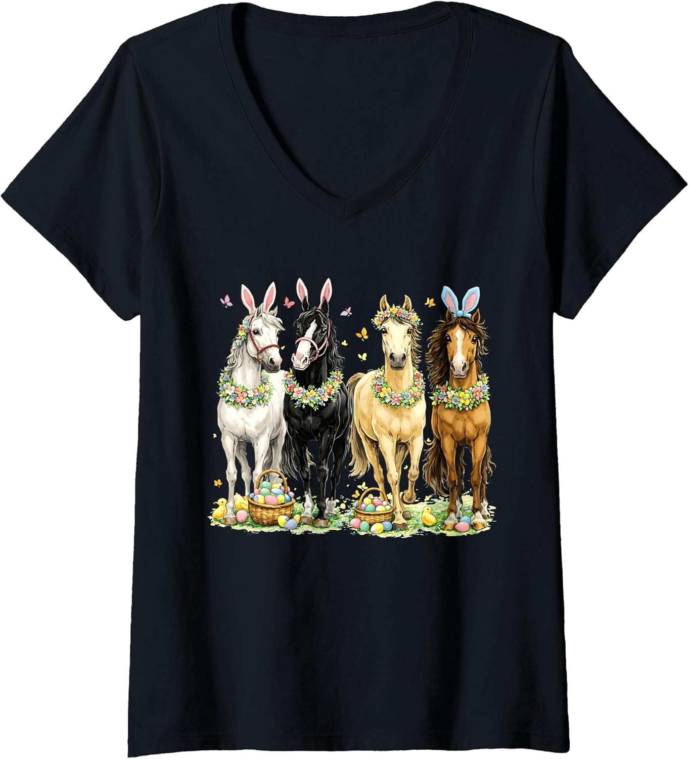 Women's Cute Easter Horse Bunny Ears Eggs Spring Floral Girls Women V-Neck T-Shirt