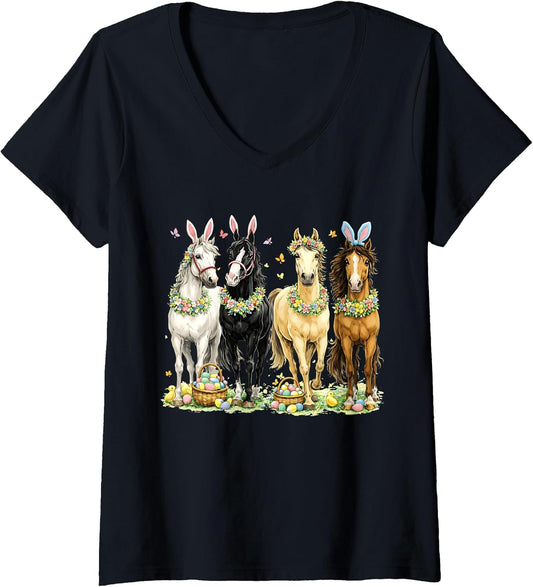 Women's Cute Easter Horse Bunny Ears Eggs Spring Floral Girls Women V-Neck T-Shirt