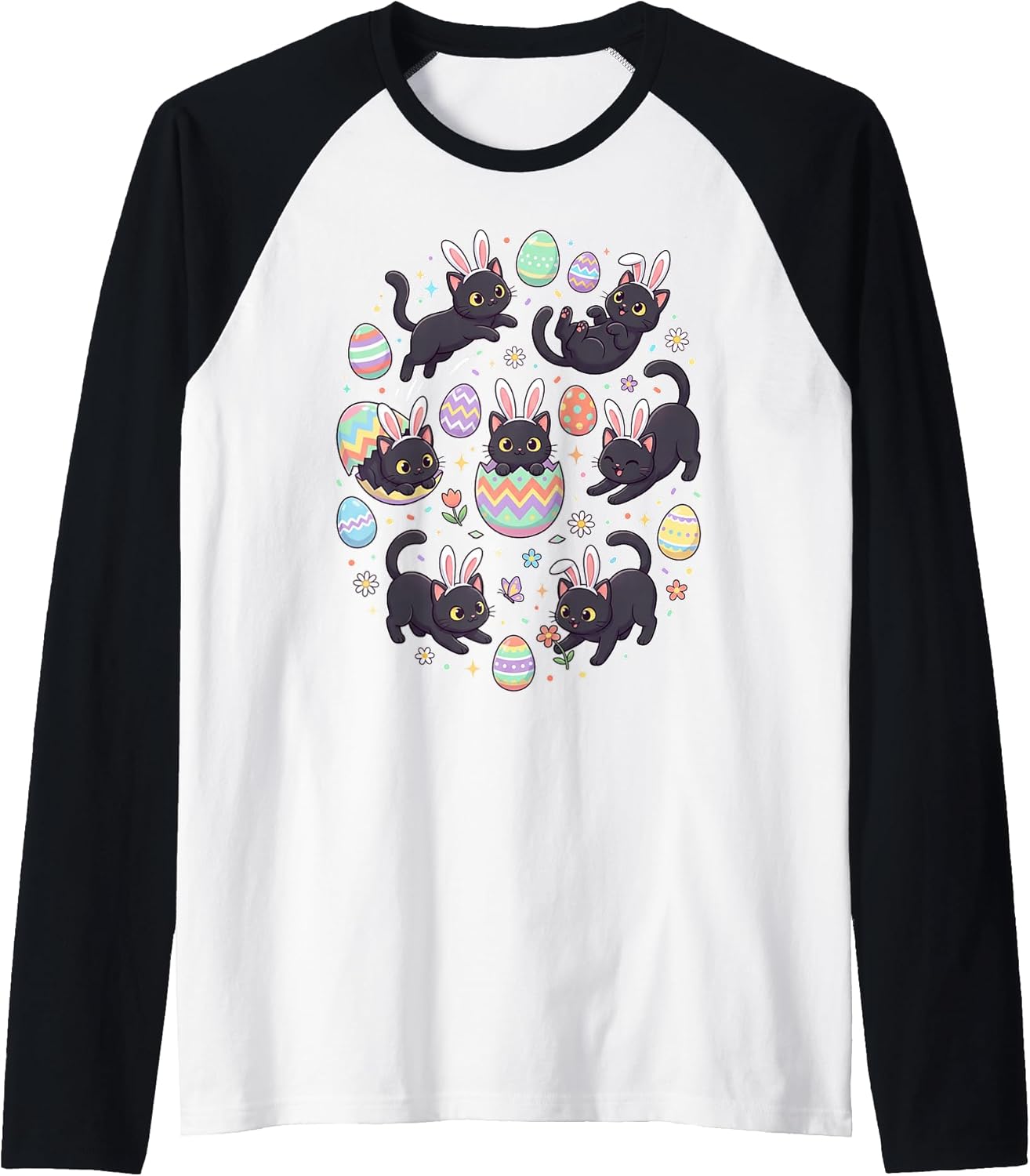 Cute Black Cat Easter Bunny Ears Kitty with Eggs Raglan Baseball Tee
