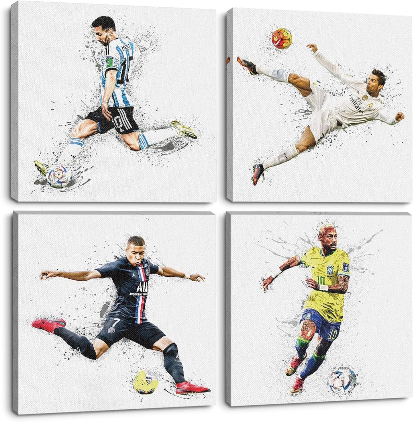 TBT 4PC Canvas Wall Art Framed Art Famous Soccer Superstar Room Decor Inspirational Sports Paintings Soccer Gifts Wall Decor Prints Picture for Boys Room Bar Gym Playroom Home Decor 7.9x7.9 inch