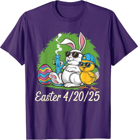 Funny Happy 420 Easter Bunny Chick Smoking Weed Cannabis T-Shirt