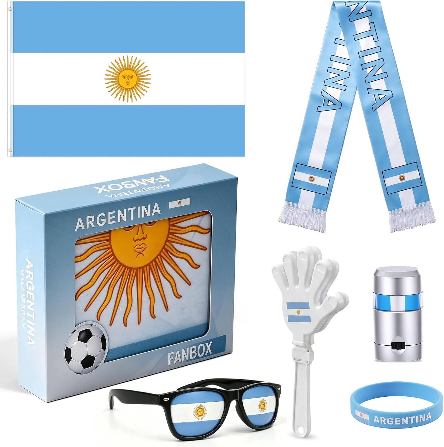 2026 World Cup Argentina Fan Kit, Cheer Set with Argentina Flag, Sunglasses, Banner, Hand Clapper, Wristband & Face Paint, Reusable for Family Watch, Stadium, Bar, Parade & Holiday Party (Argentina)