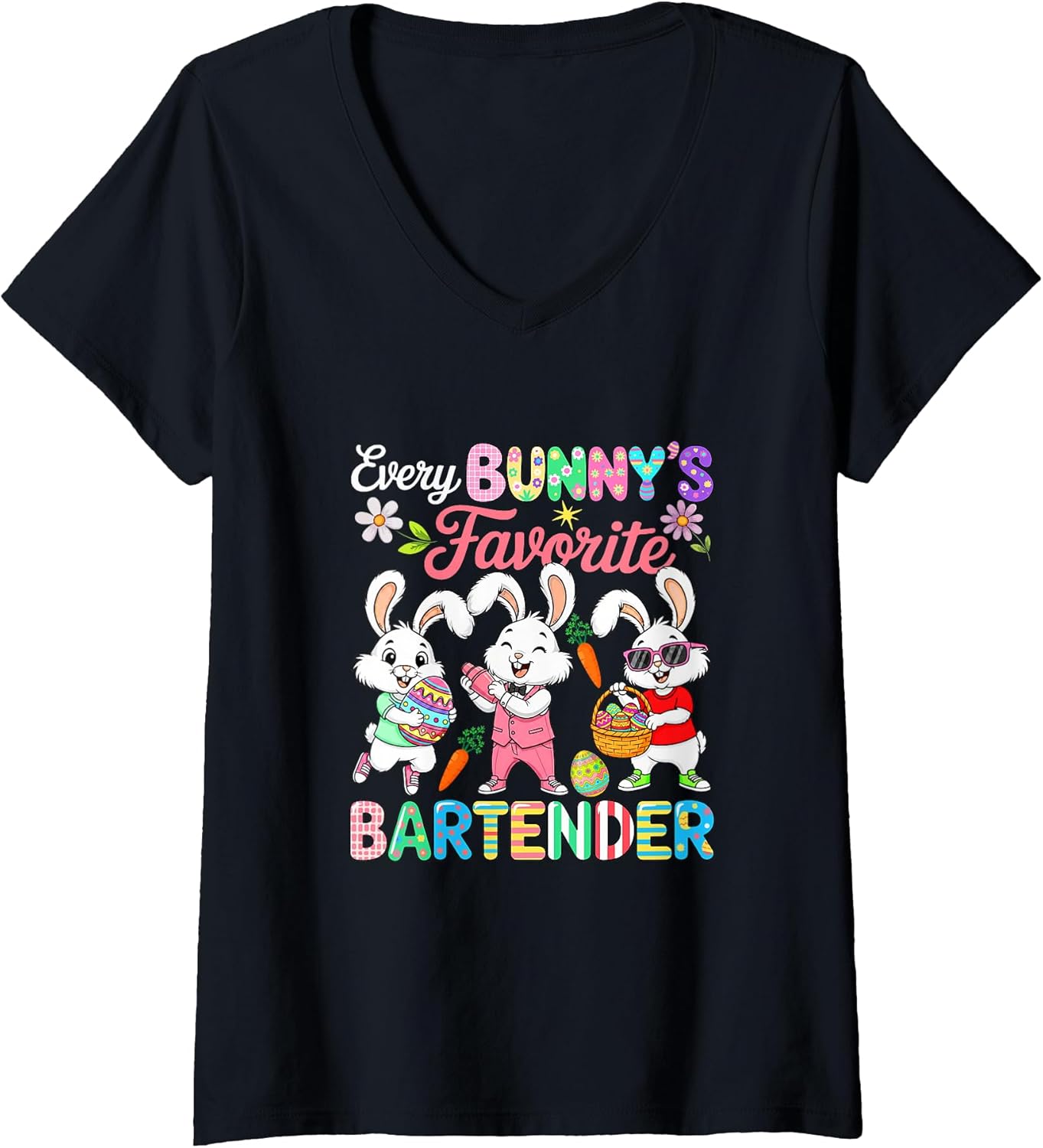 Women's Bunny's Favorite Bartender Easter Bunnies Hunting Eggs V-Neck T-Shirt