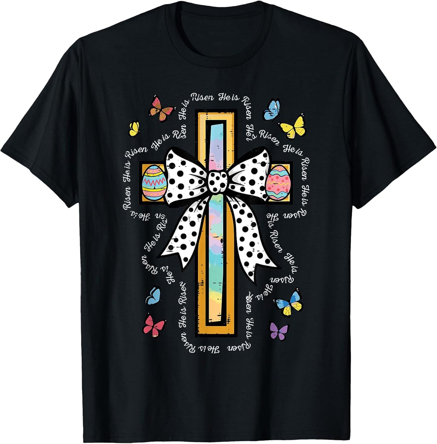 Easter Cross Bow He is Risen Christian Girls Kids Women T-Shirt