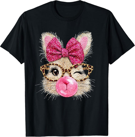 Cute Bunny Face Glasses Pink Bubble Gum Rabbit Happy Easter T-Shirt