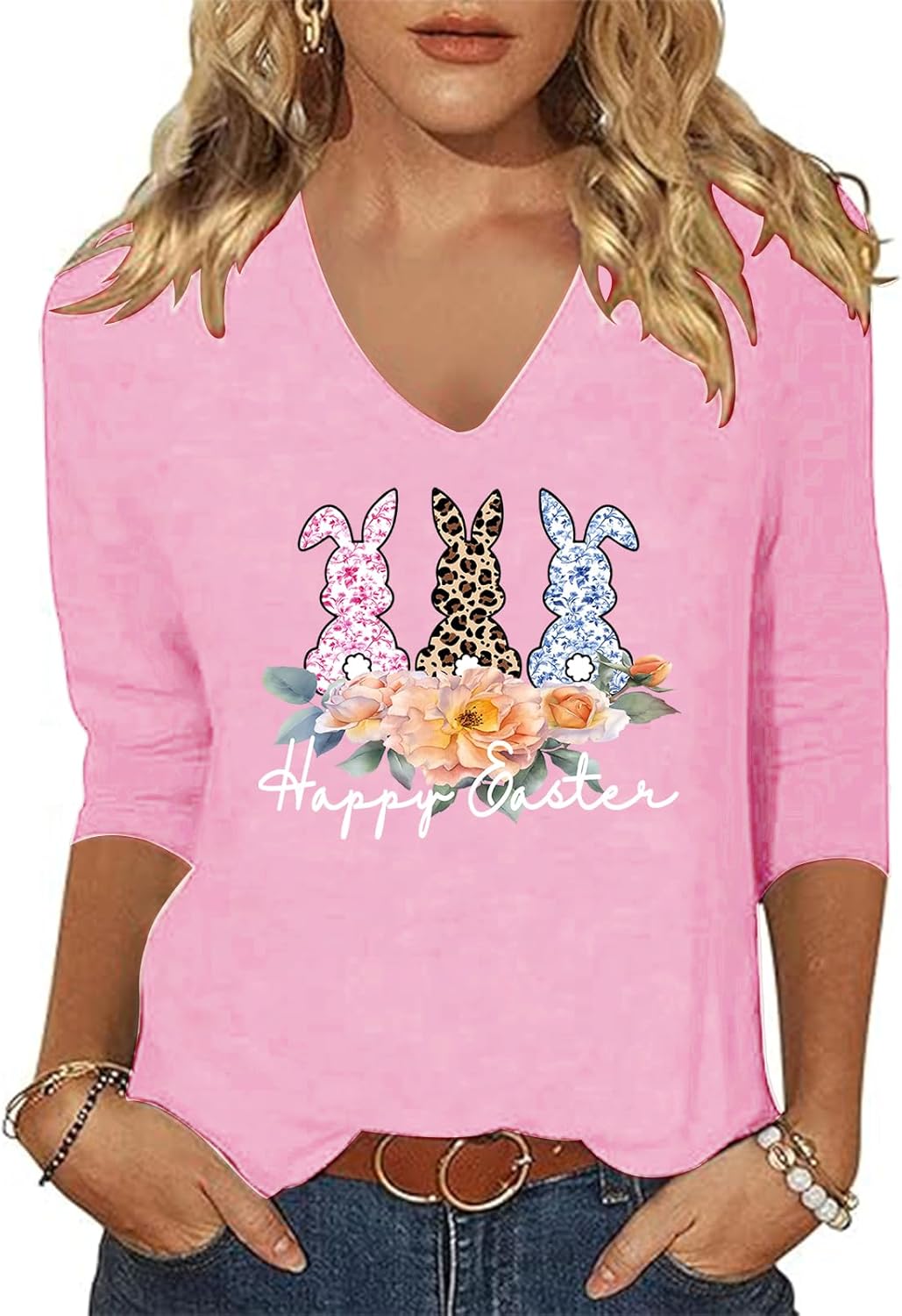 Easter Shirts for Women V Neck 3/4 Sleeve Happy Easter Day T-Shirts Bunny Eggs Graphic Top
