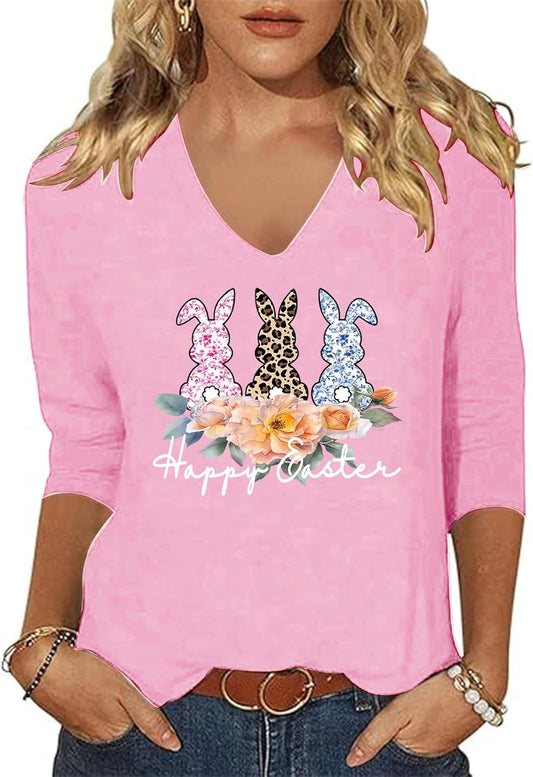 Easter Shirts for Women V Neck 3/4 Sleeve Happy Easter Day T-Shirts Bunny Eggs Graphic Top