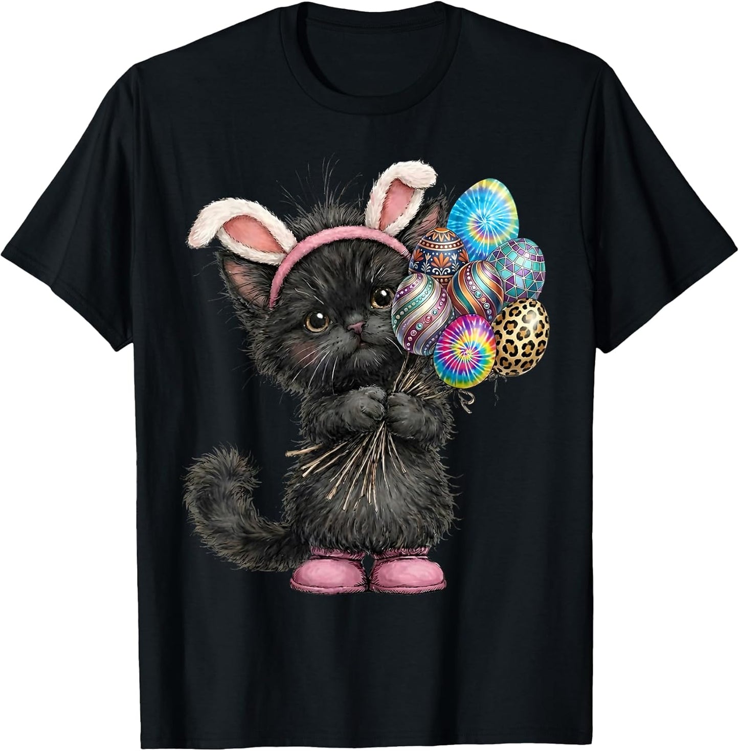 Cute Black Cat Easter Bunny Ears Eggs Easter Day Women Kids T-Shirt