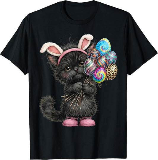 Cute Black Cat Easter Bunny Ears Eggs Easter Day Women Kids T-Shirt