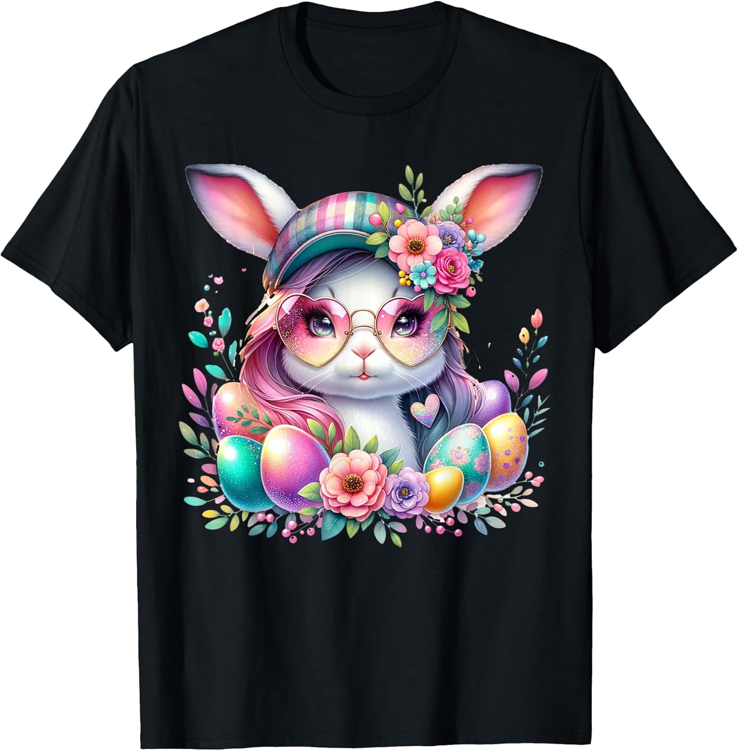 Cute Bunny With Heart Glasses And Easter Eggs T-Shirt