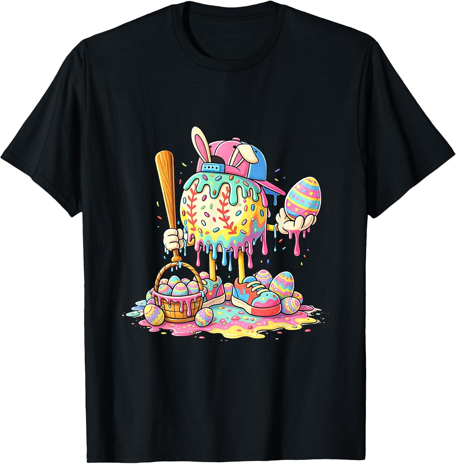 Game Day Easter Baseball Bunny Pastel Drip T-Shirt
