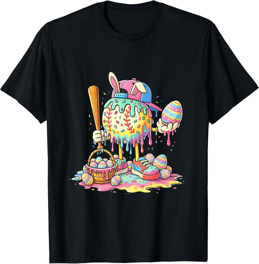 Game Day Easter Baseball Bunny Pastel Drip T-Shirt