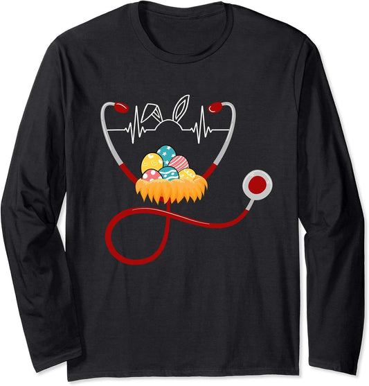 Nurse Stethoscope Easter Bunny Ears Easter Day Bunny Nursing Long Sleeve T-Shirt