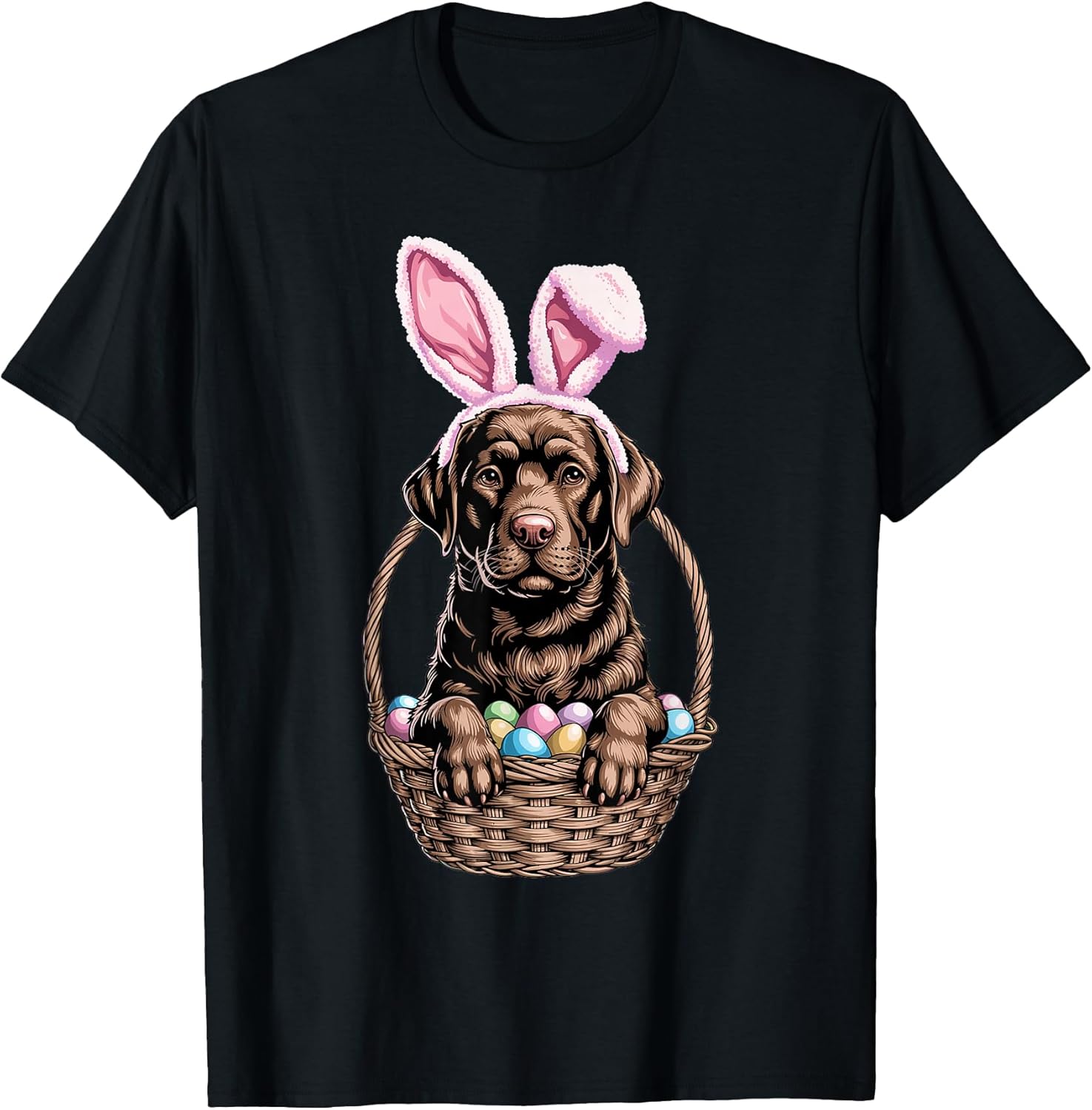 Chocolate Labrador Easter Bunny Ears Dog in Basket Spring T-Shirt